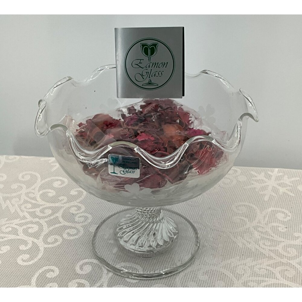 Eamon Glass Pedestal Bowl Etched‎ Shamrock Design Pot Pourri